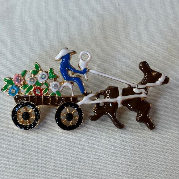 Flower Cart & Driver With Horse Brooch Pin Retro Old Fashioned Style NWT - Picture 1 of 6